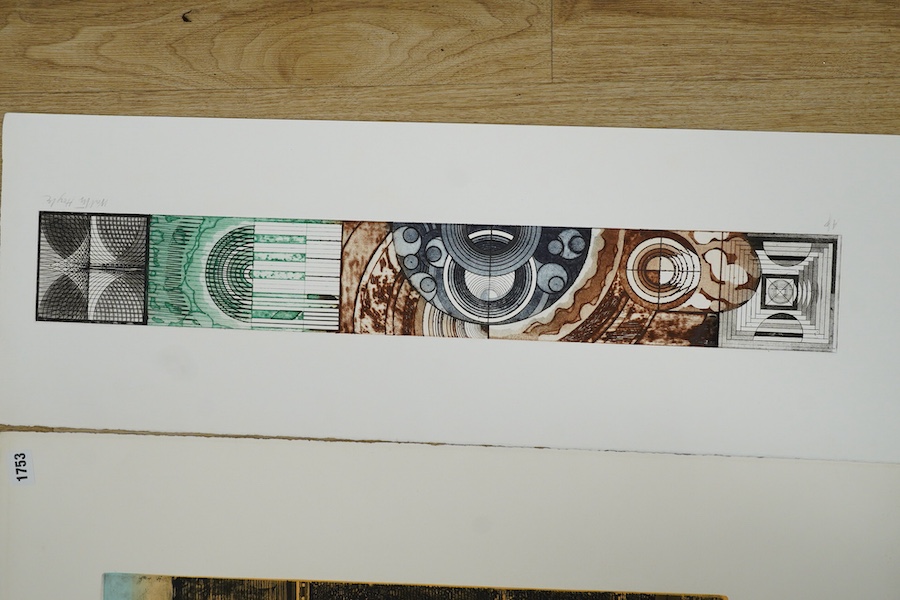 Walter Hoyle (1922-2000), artists proof etching, ‘St Catherine’s College entrance’ and a lithograph, abstract designs, each signed in pencil, largest 80 x 59cm, unframed
